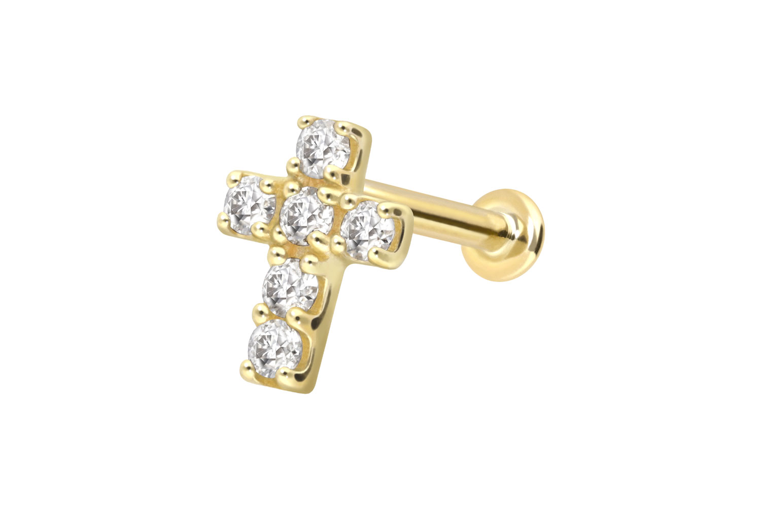 14 Karat Gold Labret Piercing mit Push Fit MOISSANIT-KREUZ